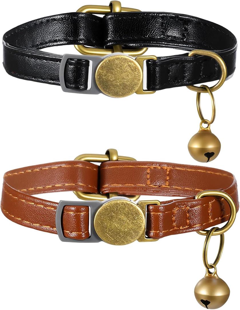 2 x 2Pcs Leather Cat Collar, Adjustable Cat Collar with Bell, Kitten Cats Bell Breakaway Collars Fit for Small Medium Boy Pet(Brown, Black)