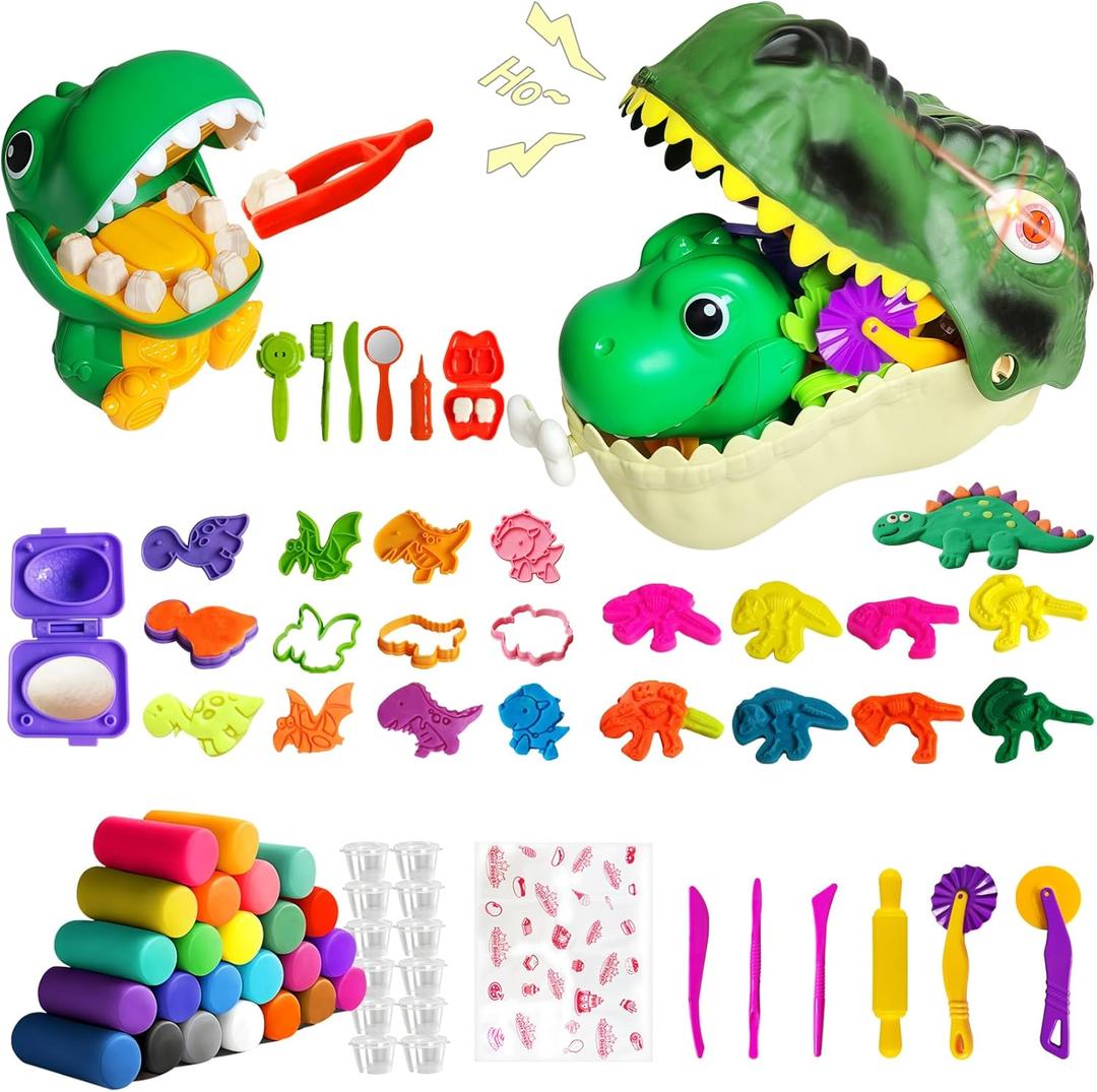 Dinosaur Dough Sets with Dentist Play Set, Dino Skeletons & Molds & 24 Non-Toxic Clays, Dough Tools, Dinosaur Toys for Kids Toddler Boy Toys for 3 4 5 6 7 Year Old Birthday Gift Christmas