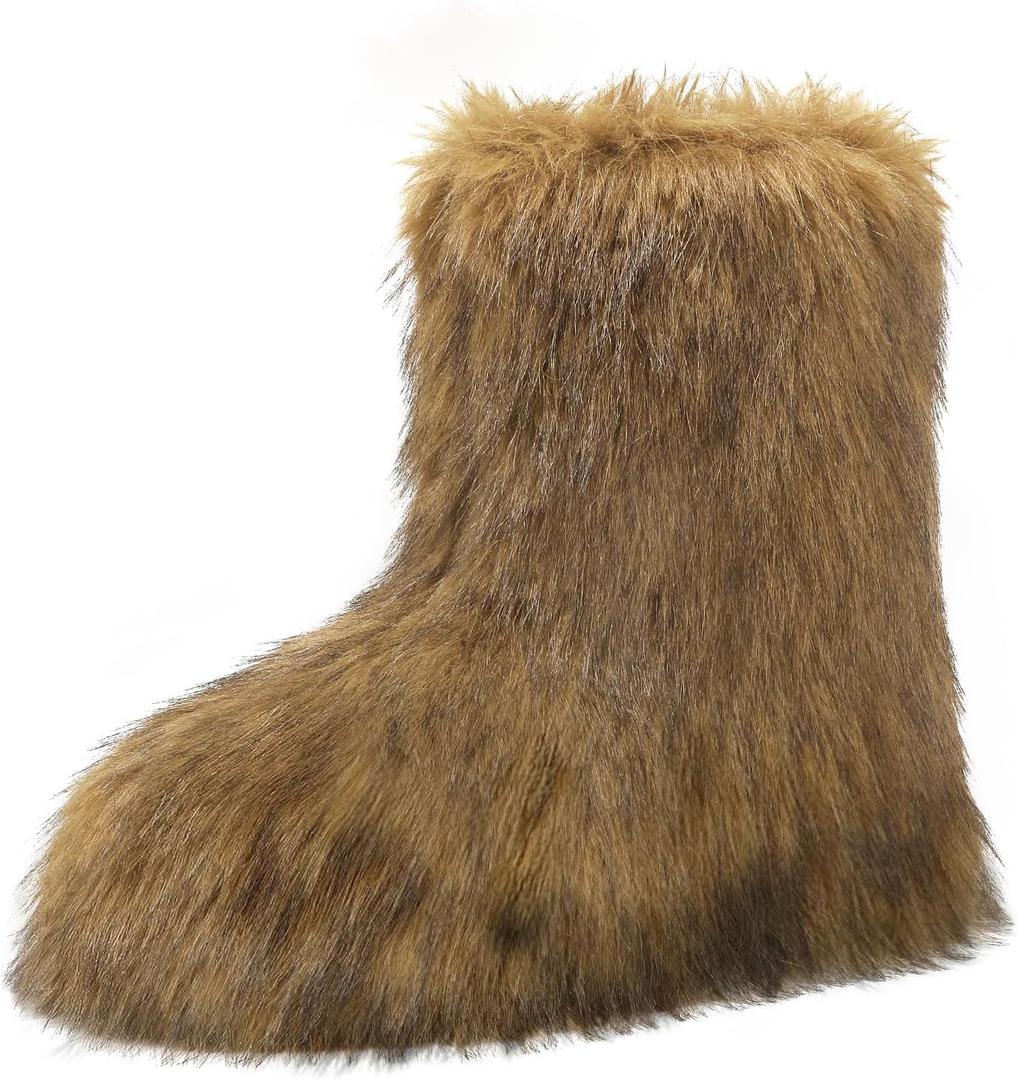 Haifago Women's Fur Boots Fluffy Furry Short Boot, Fashion Fuzzy Winter Warm Snow Booties for Shopping Travel (7, Brown)