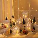 Ktinnead 31 Pcs Christmas Village Sets, 6 LED Lighted Wooden Snowy Village Houses with Xmas Trees and Mini Christmas Figurines, Desktop Winter Rustic Ornaments for Home Party Holiday Table Decor