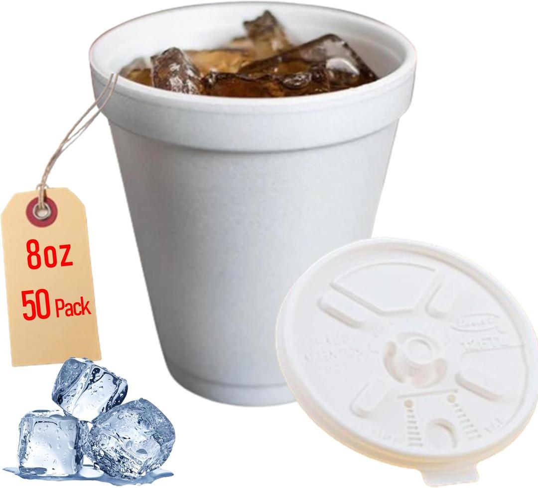 8OZ Foam Cups for Hot & Cold Drinks With Lids, USA-Made 50-Pack - Ideal Styrofoam Coffee Cups, Insulating To-Go Cups for Soda, Tea, Juice - Sturdy, Disposable & comparable to Industry standard 8J8
