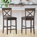 26" Wood Bar Stools Set of 2, Counter Height Bar Stools with Classical X-Shaped Back, Solid Barstools with Rubber Wood Frames and Faux Leather Seat, Rustic Brown