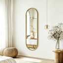 Gold Oval Full Length Mirror, 16"x48" Hanging Wall Mirror with Antique Gold Braided Metal Cord Frame, Modern Distressed Wall Decor for Bedroom, Living Room, Entryway