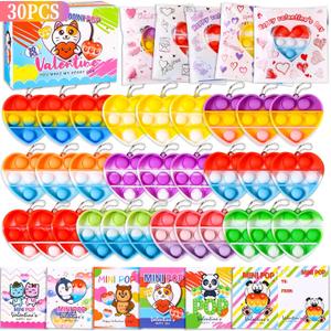 Valentines Day Gifts for Kids, 30 PCS Valentine Heart Mini Pop Fidget Toys with Cards, Classroom Exchange Party Favors, School Prize Supplies