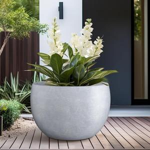 19.9" Dia Round Concrete Planter, Outdoor/Indoor Large Bowl Plant Pots with Drainage Hole and Rubber Plug for Garden Patio Balcony Home, Weathered Concrete