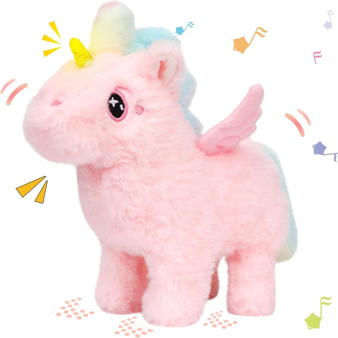 Hopearl Walking Unicorn with Glowing Horn Interactive Electronic Pet Plush Unicorn Toy with Sounds and Movements Animated Gift for Toddlers Birthday, Pink, 7''