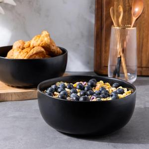 AmorArc Stoneware Cereal Bowls for Kitchen, 28oz Large Ceramic Soup Bowls Set of 3 for Meal, Oven, Microwave&Dishwasher safe Kitchen Bowls with Wavy Rim, Matte Black