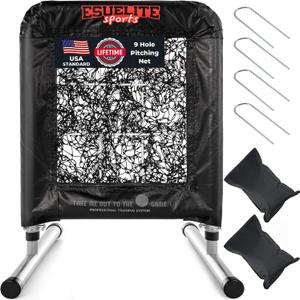Heavy-Duty 9 Hole Pro Style Baseball & Softball Pitching Net with Strike Zone Target - Adjustable Portable Design for Training, Includes 4 Stakes & 2 Sandbags（Black Pro