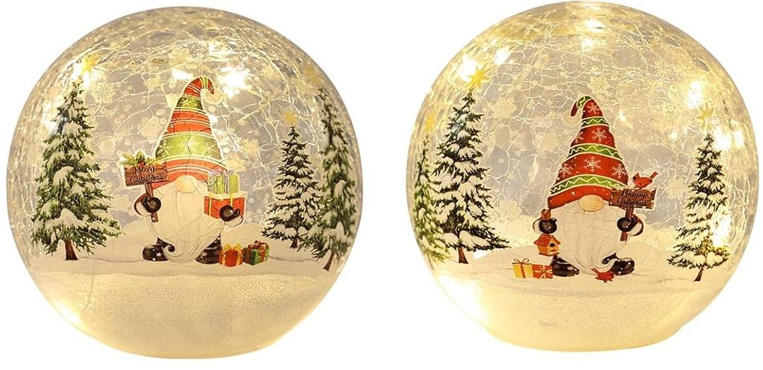PHITRIC Christmas Decorations Indoor, 2 PCS Sparkling Christmas Gnomes Globes with LED Lights and Timer, Xmas Table Decor Centerpieces Crackle Glass Ball for Fireplace, Home, Tabletop, Mantel, Shelf
