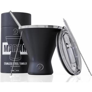 Stainless Steel Martini Glass [Pack of 1]  10oz, Black, Powder Coated, No Sweat, Double Wall Margarita Cup with Lid | Ideal for Valentines Day Gift