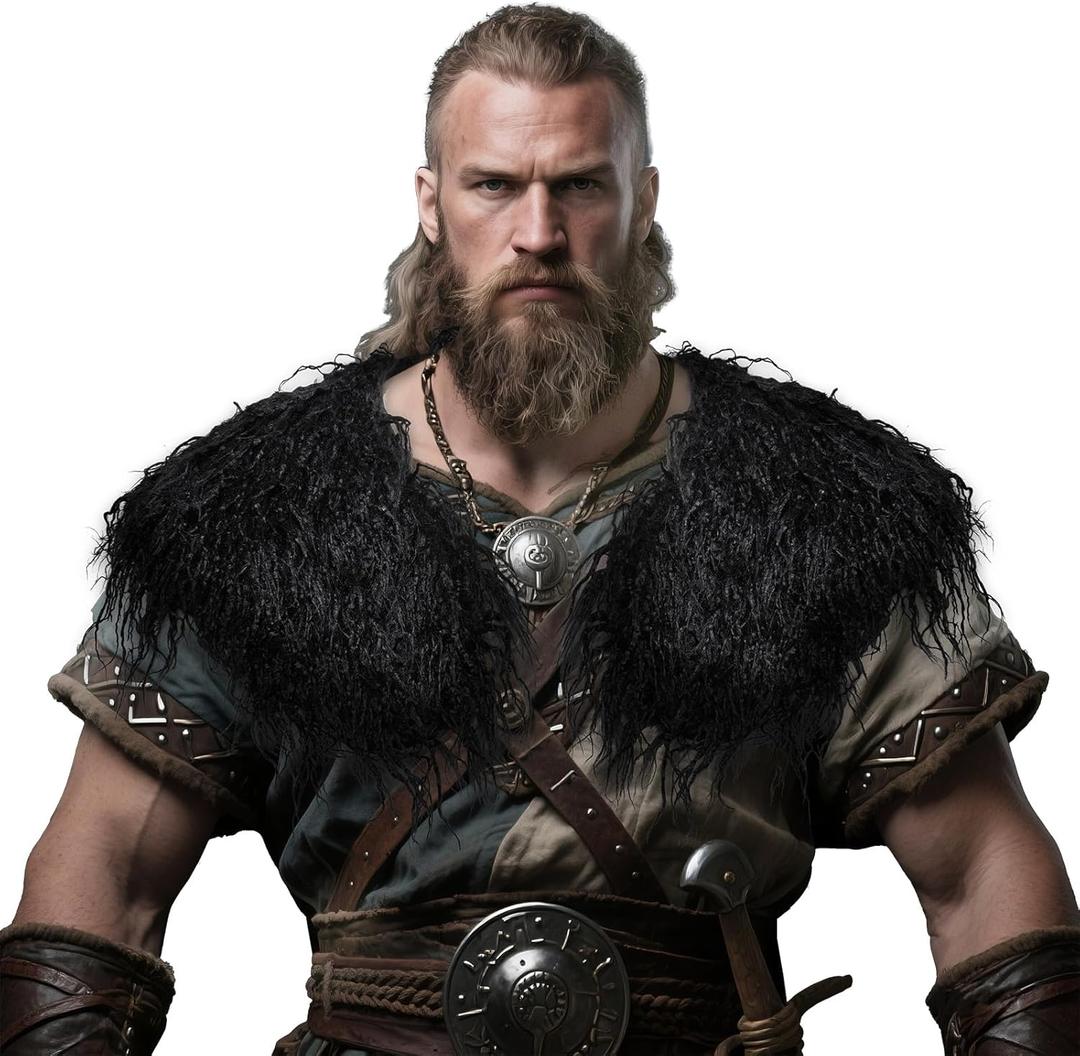 Male Viking Fur Shawl Costume-Medieval Male Fur Shoulder Wrap for Renaissance (Black)