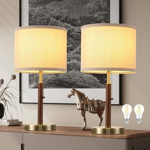 Smeike Mid Century Table Lamps Set of 2, 19.5" Modern Bedside Buffet Table Lamps with Pull Chain Switch, Antique Brass & Wood Small Nightstand Lamps for Living Room Bedroom End Table
