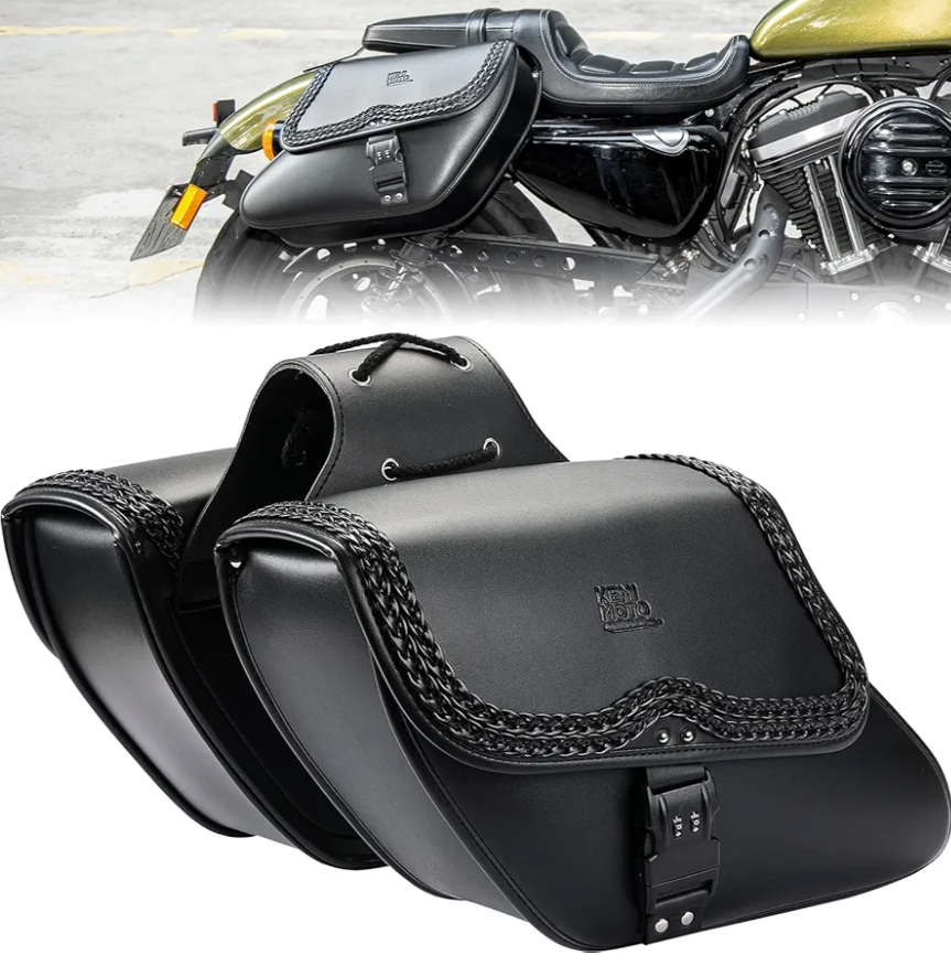 KEMIMOTO Motorcycle Saddlebags, Synthetic Leather Side Bag with Lock, 28L Waterproof Double Strap Studded Slant Saddle Bags Avoiding the Turn Signal for Sportster, Black