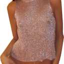 Womens Sexy Knitted Glitter Crop Tank Top Sheer Mesh Crew Neck Sleeveless Cropped Shirt Blouse (Medium, Pink)