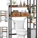 Over The Toilet Storage with 2 Drawers - 7 Tier Bathroom Organizer with Adjustable Shelf, Freestanding Space Saver Storage Rack Above Toilet Stand with 4 Hooks for Restroom, Laundry, Rustic Brown