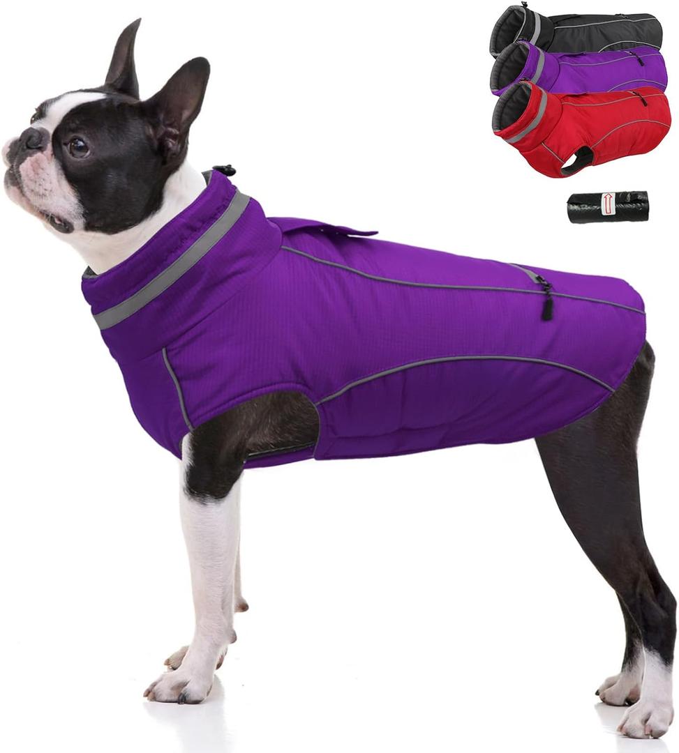 PETDSH Waterproof Dog Coat, Turtleneck Warm Dog Jacket, Dogs Winter Coat with Pocket and Trash Bags, Reflective Puppy Jacket for Winter and Snow (Purple,L)