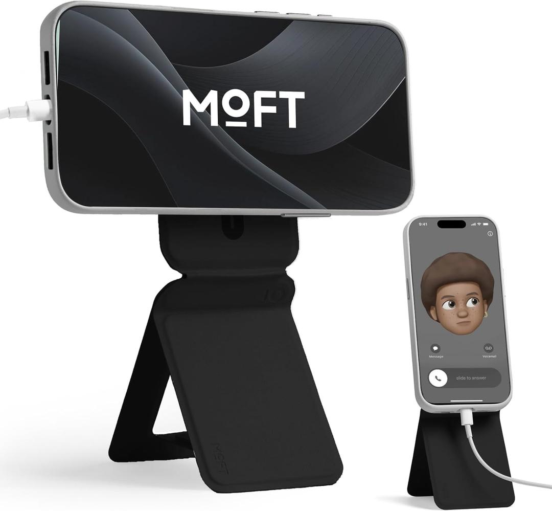 MOFT Phone Stand, Magnetic Phone Tripod Stand Stain-Resistant MOVAS Leather & Angle Adjustment & Strong Magnets Tripod for iPhone 16/15/14/13/12 (Included Metal Ring)-Jet Black (without Card Slot)