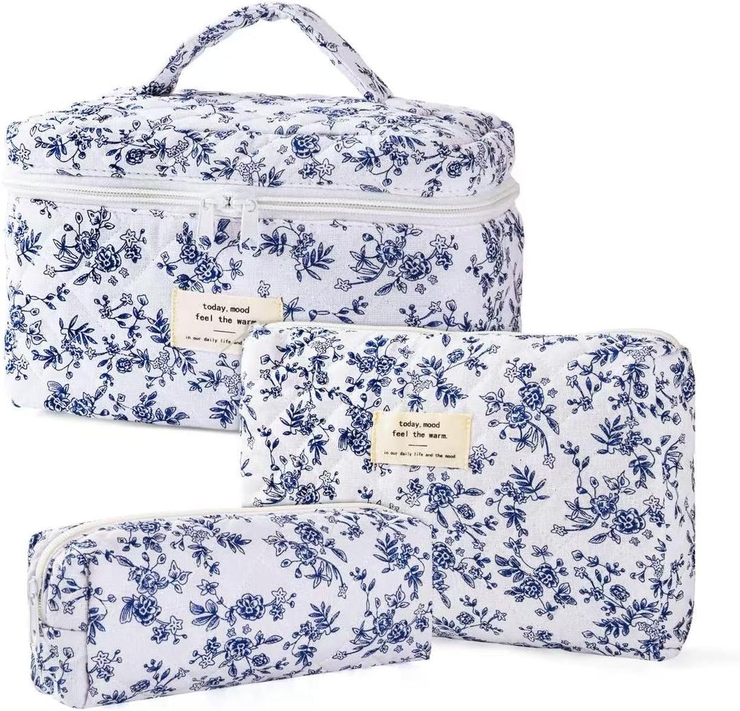 3Pcs Makeup Bag Cute Cosmetic Bags for Women, Large Capacity Travel Quilted Makeup Bag Set,Cotton Floral Makeup Pouch, Coquette Puffy Toiletry Bag,Attractive Quilted Pouch (Blue)