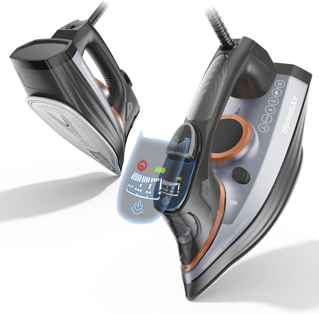 IRONDAY Steam Iron for Clothes with LCD Screen, 1700W Iron Non-Stick Ceramic Soleplate, Auto Shutoff, Self-Cleaning, Anti-Drip, Steam Burst, Spray Mist 10.14oz Water Tank Ironing Clothes for Home, Grey