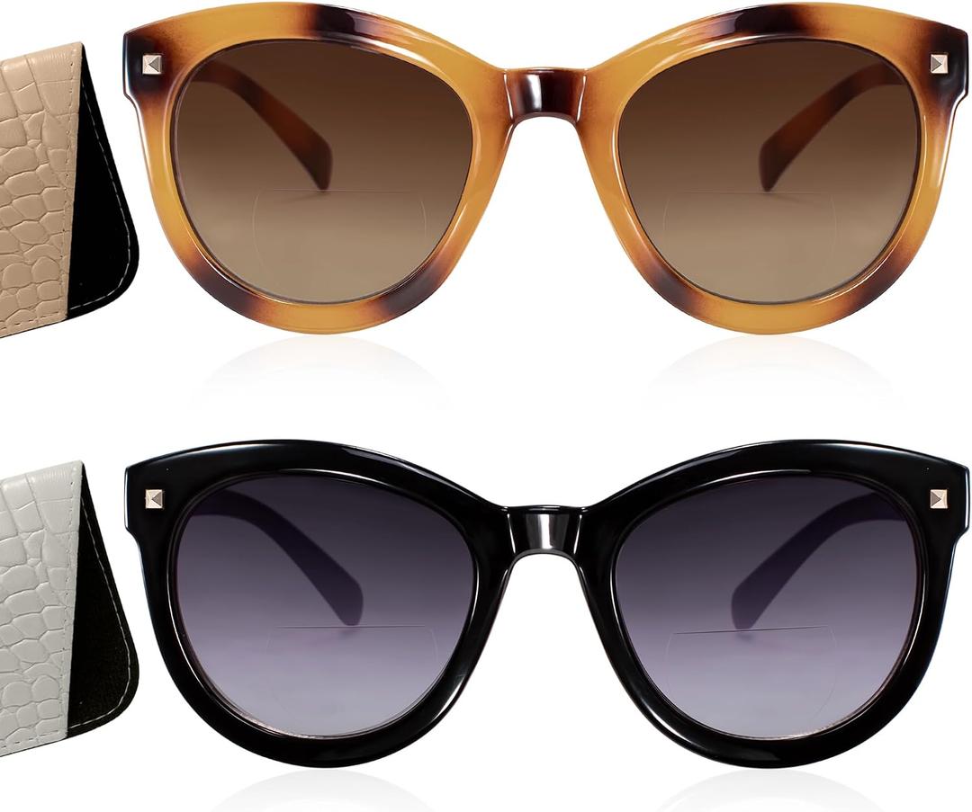 Madison Avenue 2 Pack Round Vintage Bifocal Reading Sunglasses for Women, Trendy Style Sun Reader Glasses UV Protection Black/Brown Demi +3.0