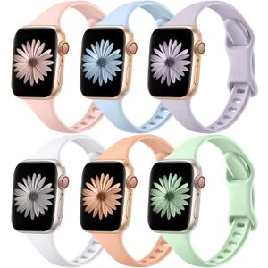 Lerobo 6 pack Thin Bands Silicone Compatible for Apple Watch Band 42mm 44mm 45mm 38mm 40mm 41mm 46mm 49mm, Slim Narrow Sport Strap Replacement for iWatch Series 10/9/8/7/6/5/4/3/2/1 SE Ultra Women Men (Lalic/Sand Pink/Cantaloupe/Pistachio/Light Purple/White)