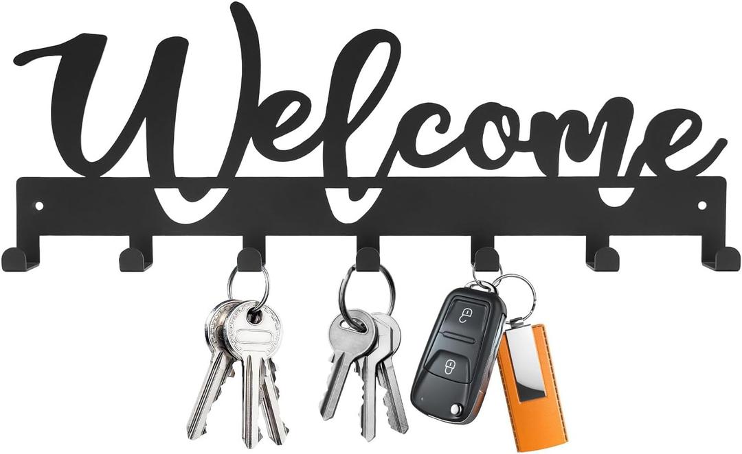 Key Holder for Wall, Key Holder Wall Mount for Hallway, Key Organizer Rack with 7 Hooks, Key Hanger with Mounting Hardware (Welcome, 10 INCH)