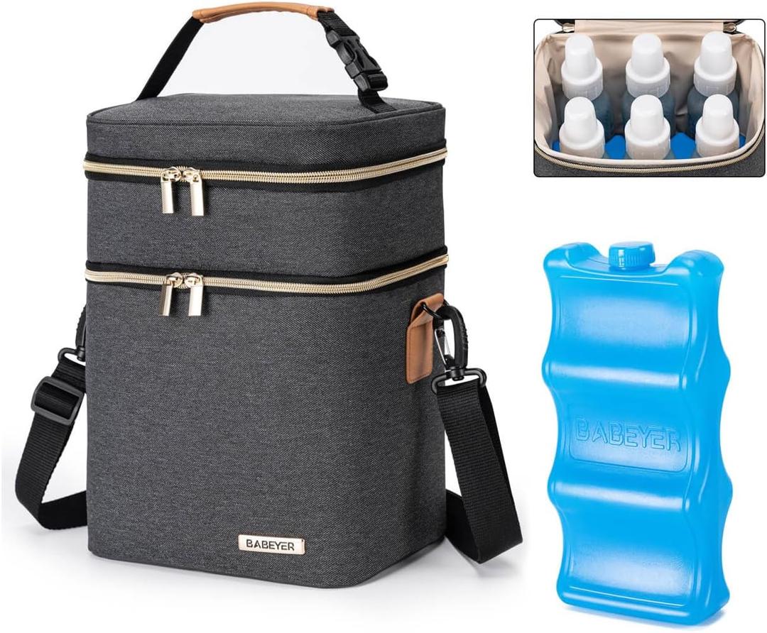 Breastmilk Cooler Bag with Ice Pack Fits 6 Baby Bottles Up to 9 Ounce (Dark Grey)