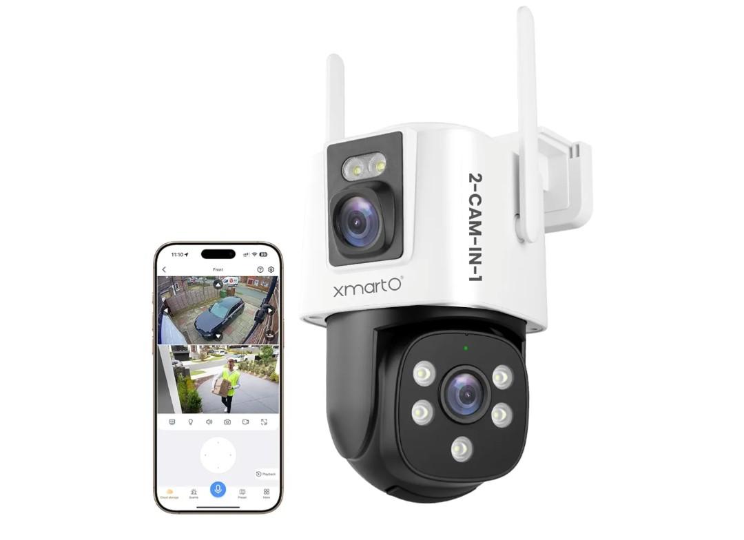 Ipcamera XmartO WiFi6 Dual-Lens Security Camera, 4MP QHD 2-in-1 Home Camera with 180° Static FOV & 360°PTZ AI Tracking, 5G/2.4G Dual Band, Bluetooth Easy Setup, (Works Only w WiFi6 NVR, Also Works Standalone)