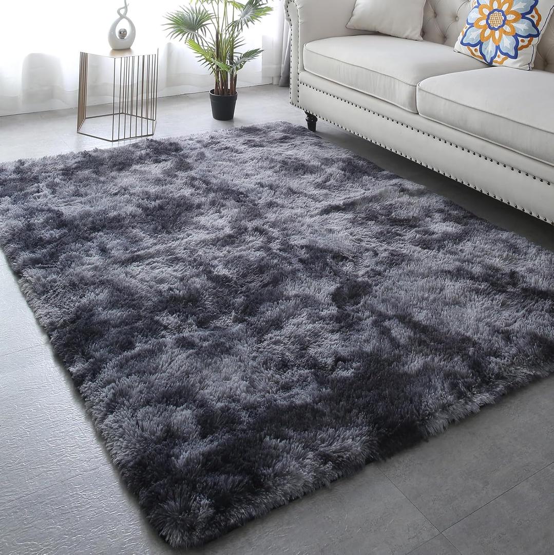 Grey Fluffy Area Rug 5x7 - Ultra Soft Shag Plush Rugs for Bedroom Living Room, Indoor Non-Slip Modern Nursery Faux Fur Floor Carpet for Kids Room,Tie-Dyed Dark Gray, (5' x 7' (Rectangular))