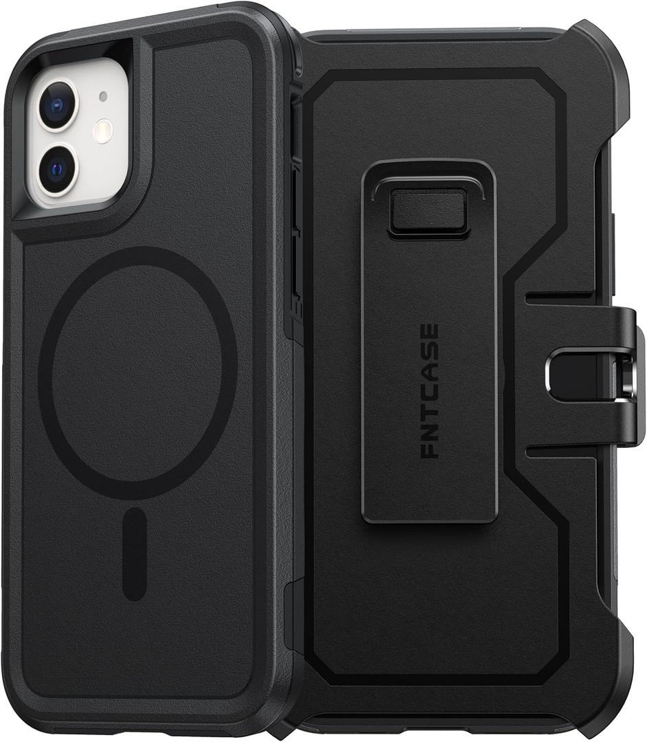 FNTCASE for iPhone 12 Magnet Case: Magnetic Dual Layer Protective Cell Phone Cover with Belt-Clip Holster | Military Grade Drop Proof Protection Durable Non Slip Textured Back Phonecase (Black)