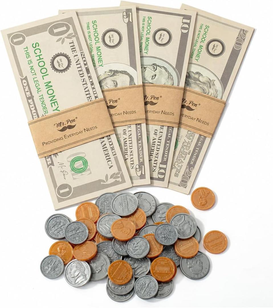 Mr. Pen - Play Money for Kids, 150 Pcs, Ages 3+, Realistic Fake Cash and Coins