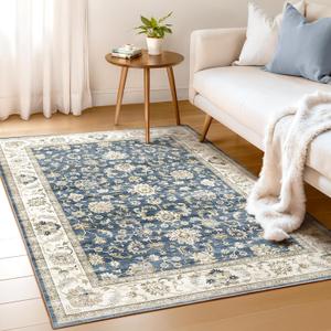 WITSHOCK 4x6 Area Rugs for Living Room: Machine Washable Non Slip Vintage Carpet - Low Pile Lightweight Print Rug for Bedroom Dining Room - Stain Resistant for Household - Pet Owners (Blue) (Blue/Cream White/Light Ivory)
