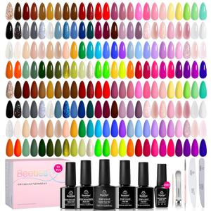 Beetles 110 PCS Gel Nail Polish Set, 100 Colors Infinite Inspiration All Season Red Brown Green Black Gel Polish with 5Pcs Base Top Coat Soak off UV Gel for Manicure Lovers DIY at Home Gifts for Women