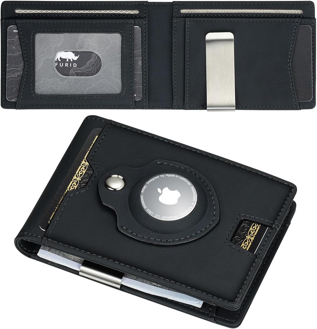 furid Airtag Wallet Men Slim: RFID Card Wallet with Airtag Holder - Apple Air Tag Wallet for Men - Minimalist Front Pocket Bifold Leather Wallet with Money Clip (Carbon Fiber) (Leather Dusk Blue)