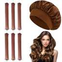 7 Pcs Jumbo Flexi Rods for Big Curls, Non Heat Hair Curlers for Overnight Curls, Blow Out Rods with Sleep Cap, Six Brown Non-Heat Curling Rods And One Coffee-Colored Sleeping Cap