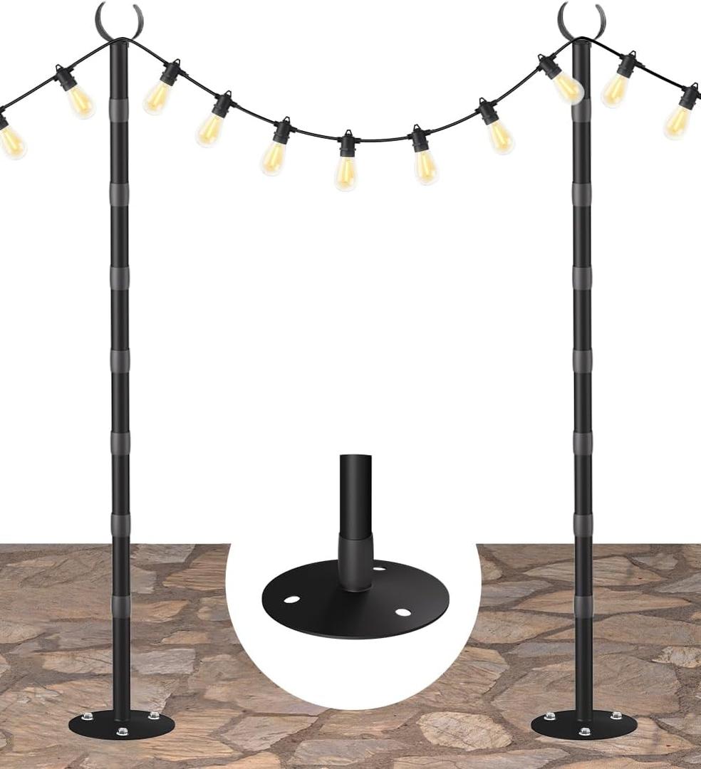 10Ft String Light Poles for Hard Surfaces, Outdoor Light Stand for Backyard, Garden & Patio Party Lighting, Heavy-Duty Metal Poles with Waterproof Finish, Rustproof & Adjustable, 2 Pack