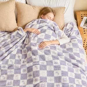 EMME Checkered Blanket Twin Size - 60"x80" Lavender Knit Blanket Soft Fluffy Patterned Blankets for Couch, Sofa, Chair, Bed, Camping, Picnic, Travel