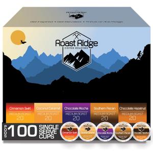 Roast Ridge Single Serve Coffee Pods for Keurig K-Cup Brewers, Variety Pack, Medium Roast, 100 Count (20 each: Cinnamon Swirl, Coconut Caramel, Chocolate Mocha, Southern Pecan, Chocolate Hazelnut) (EXP 03/17/28)