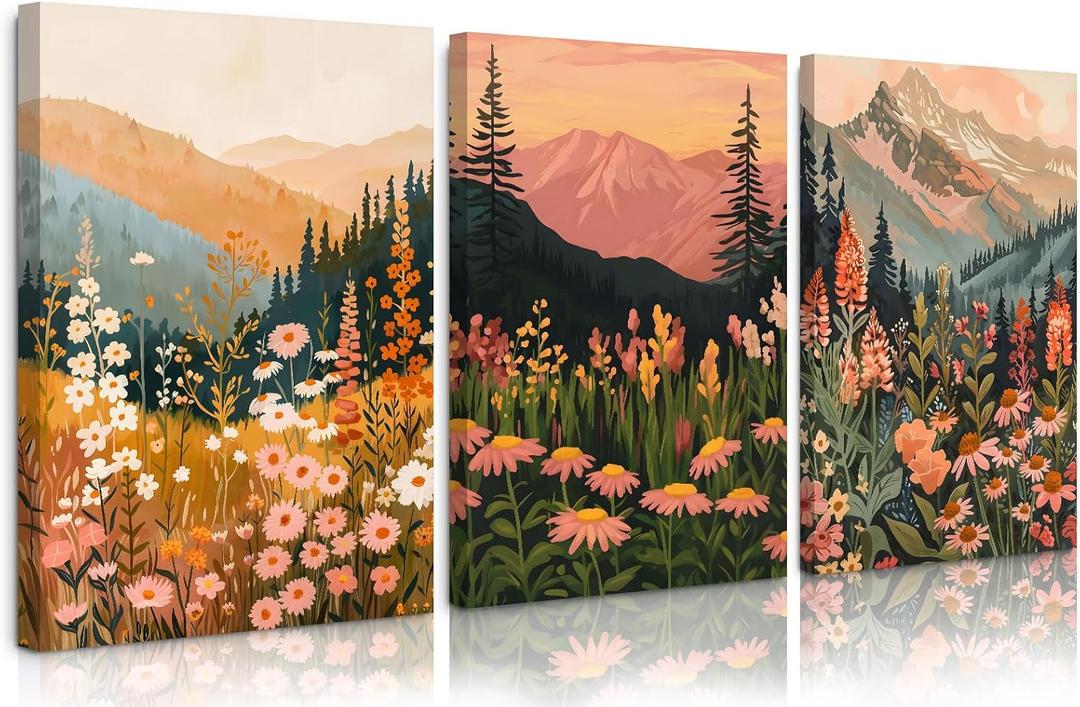 Boho Daisy Wall Art Mountain Canvas Wall Decor Abstract Flower Prints Wildflower Sunset Wall Art Colorful Floral Pictures Botanical Landscape Poster Modern Painting for Bedroom 16x24x3 Inch Framed