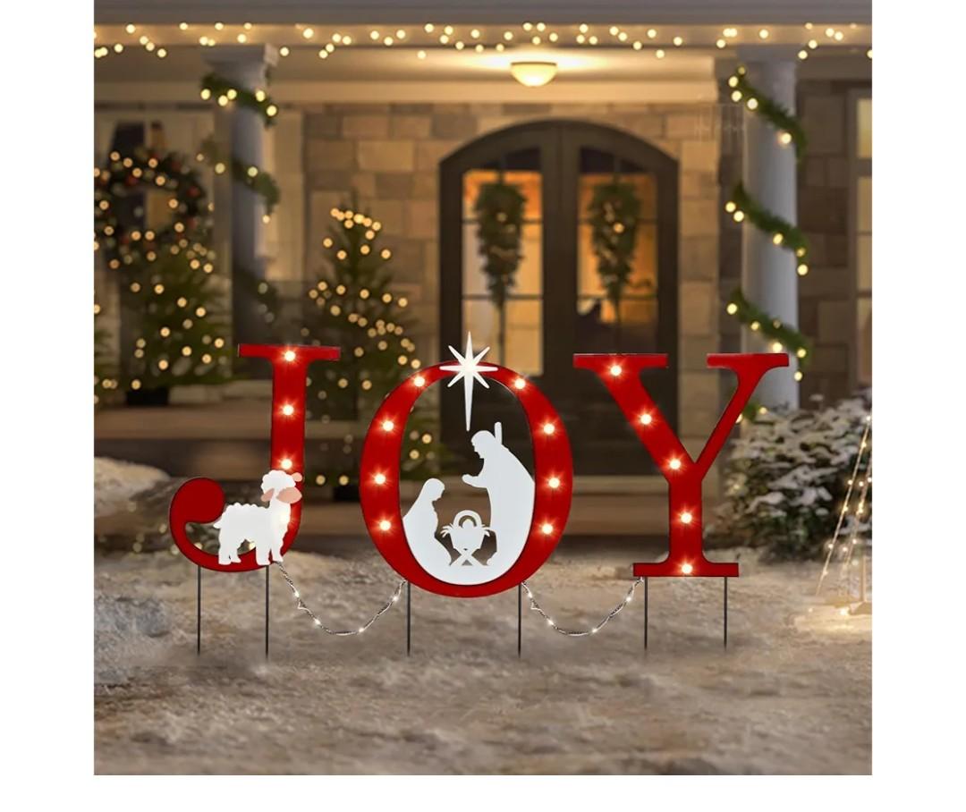 Christmas Yard Sign Decorations Outdoor with LED Lights Christmas Red JOY Yard Signs with Metal Stakes for Xmas Holiday Party Lawn Sign Garden Decor Xmas Outdoor Yard Signs