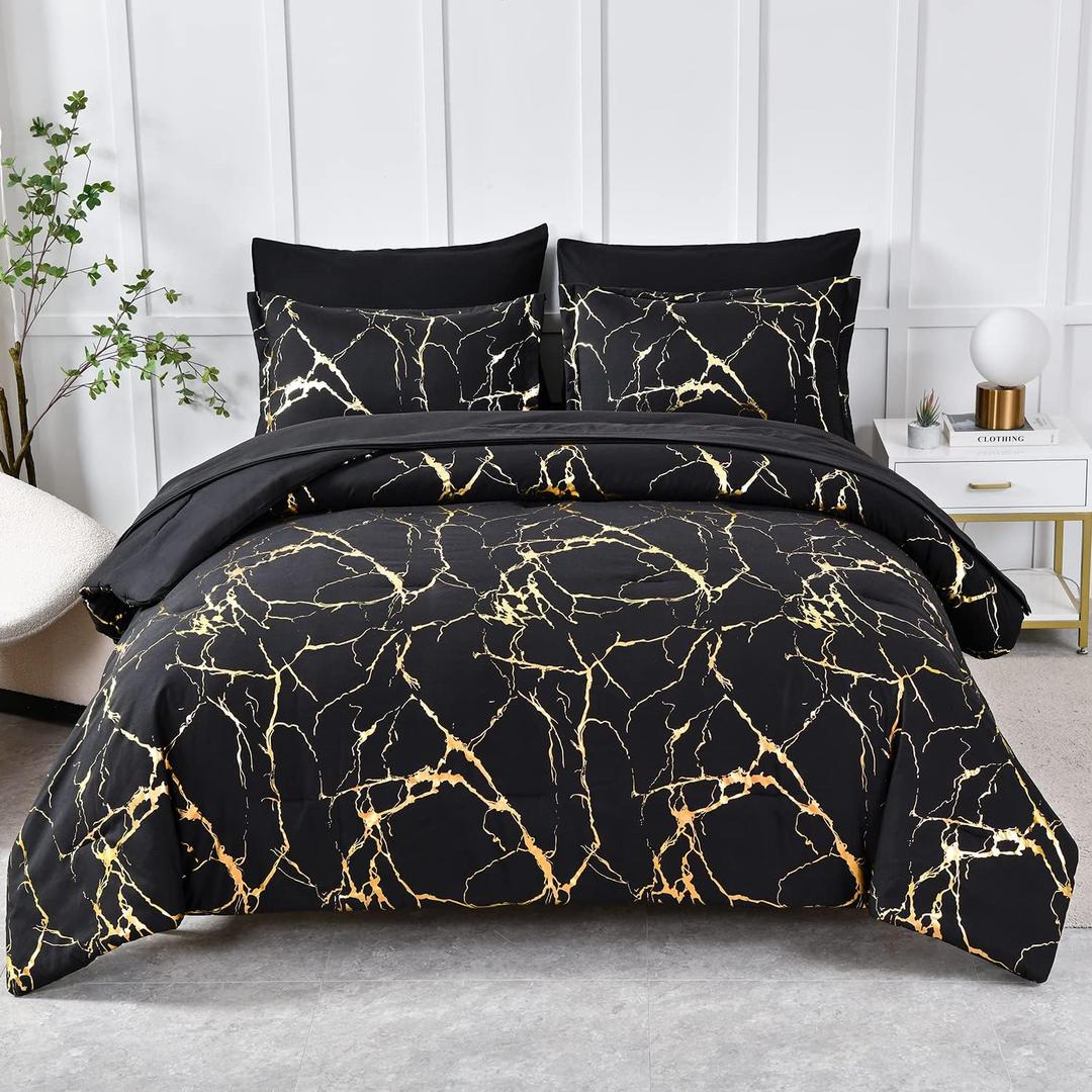 Yogeneg Gold Metallic Marble King Size Comforter Set,7 Piece Bed in a Bag,Foil Print Glitter Black Comforter and Sheet Set,All Season Soft Microfiber Complete Bedding Sets(Black,King)