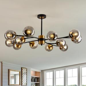 12-Light Large Sputnik Chandelier with Glass Globe Mid Century Modern Matte Black and Gold Ceiling Light Fixture Vintage Pendant Lighting for Dining Room Bedroom Kitchen Living Room Foyer