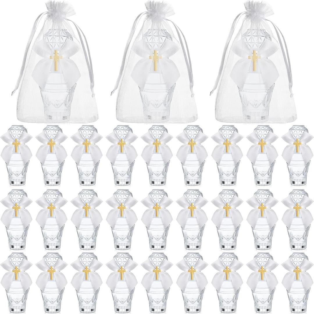 Chuangdi 30 Set Holy Catholic Water Bottles Bulk 50ml Christian Water Container Empty Glass Bottle with Cross Lapel Pin Organza Bag Ribbon Bow for Holy Communion Church Baptism Party Favor (Cute)