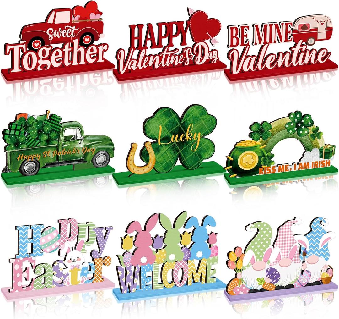 Bucherry 9 Pcs Easter Wooden Table Decoration Sign Easter Bunny Table Centerpieces Holiday for Spring Home Office Party Favors