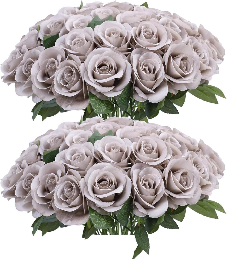 52pcs Grey Roses Artificial Flowers Fake Flowers Silk Roses with Stems for DIY Wedding Bouquets Bridal Shower Centerpieces Arrangements Party Decorations (16.6L 52Pcs)