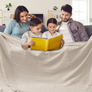 Cotton Waffle Blanket, Lightweight Breathable Extra Large  Summer Blankets for Bed, Giant Big Luxury Aesthetic Woven Bedding for Home Decor, Oatmeal, 140x252"