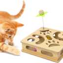 Interactive Wooden Cat Puzzle Toy Box Indoor Hunting Play Toy to Stimulate Your Cats Energy and Instincts (Burlywood)
