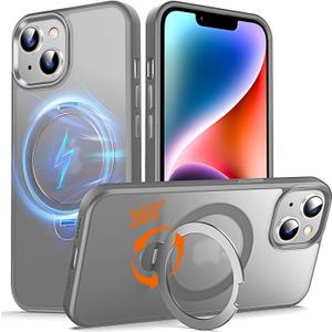 360 O-Ring MagStander for iPhone 13 Case, iPhone 14 Case with Magnetic Stand Ring Holder [Compatible with MagSafe][15FT Military Shockproof] Kickstand iPhone 13/14 Phone Cover Matte Grey