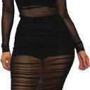 Women 3 Piece Outfits Sexy Crop Top Short Set Mesh See-Through Ruched Bodycon Midi Dress Clubwear (Large, Black)