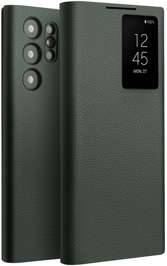 Genuine Leather Smart S23 Ultra Case for Samsung Galaxy S23 Ultra - Light Phone Cover with Luxury Business Smart View Case (Green)